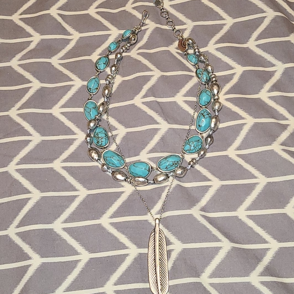 Fossil Torquoise & Silver Feather Necklace